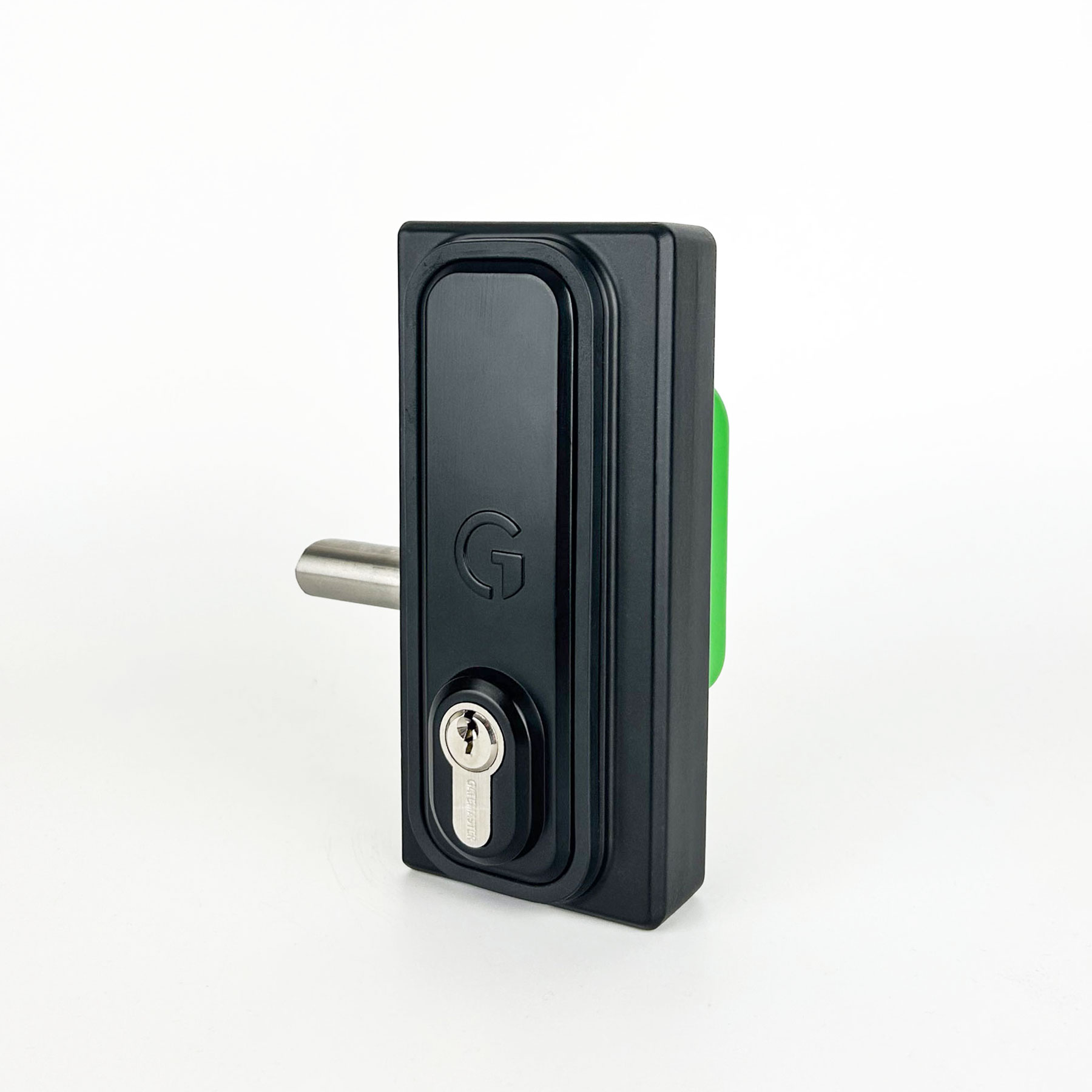 Gatemaster Superlock Quick Exit Key Entry, the key side of the lock with the green push pad behind it