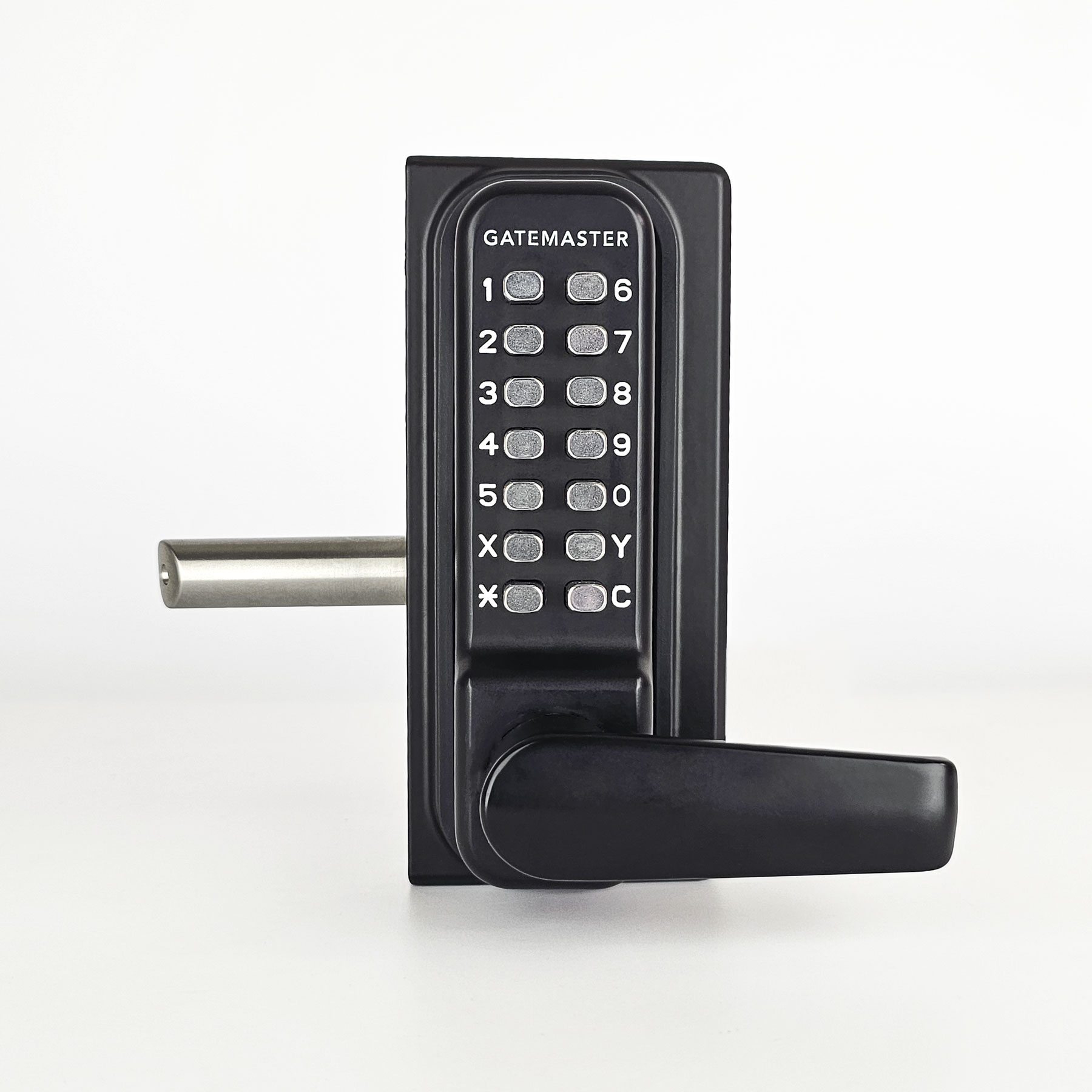 Gatemaster Superlock 2.0 Code Gate Lock RapidReset Double-Sided Keypad, the keypad, lever handle and bolt seen from the front