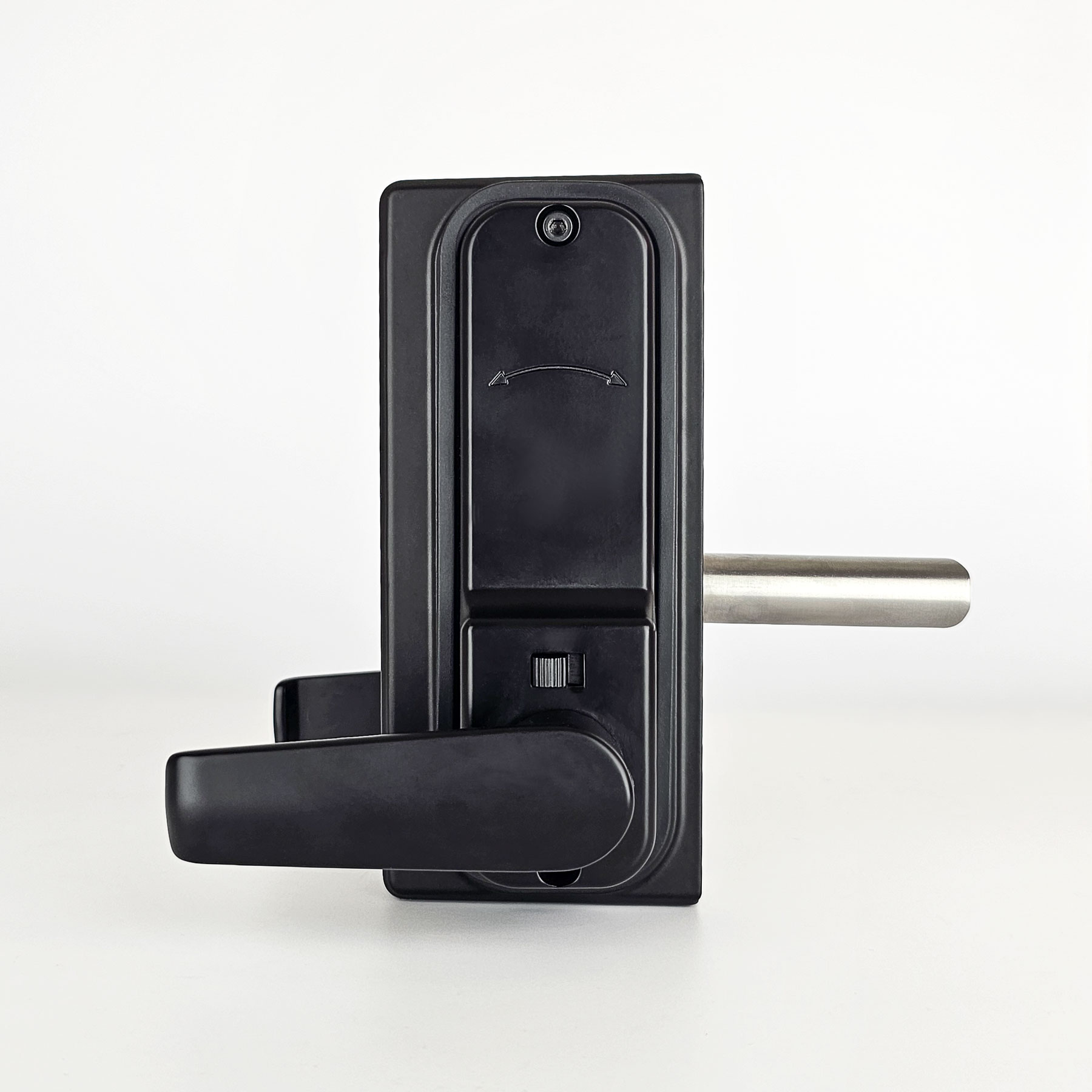 Gatemaster Superlock 2.0 Code Gate Lock RapidReset Single-Sided Keypad, the back of the lock, a blank cover and its lever handle