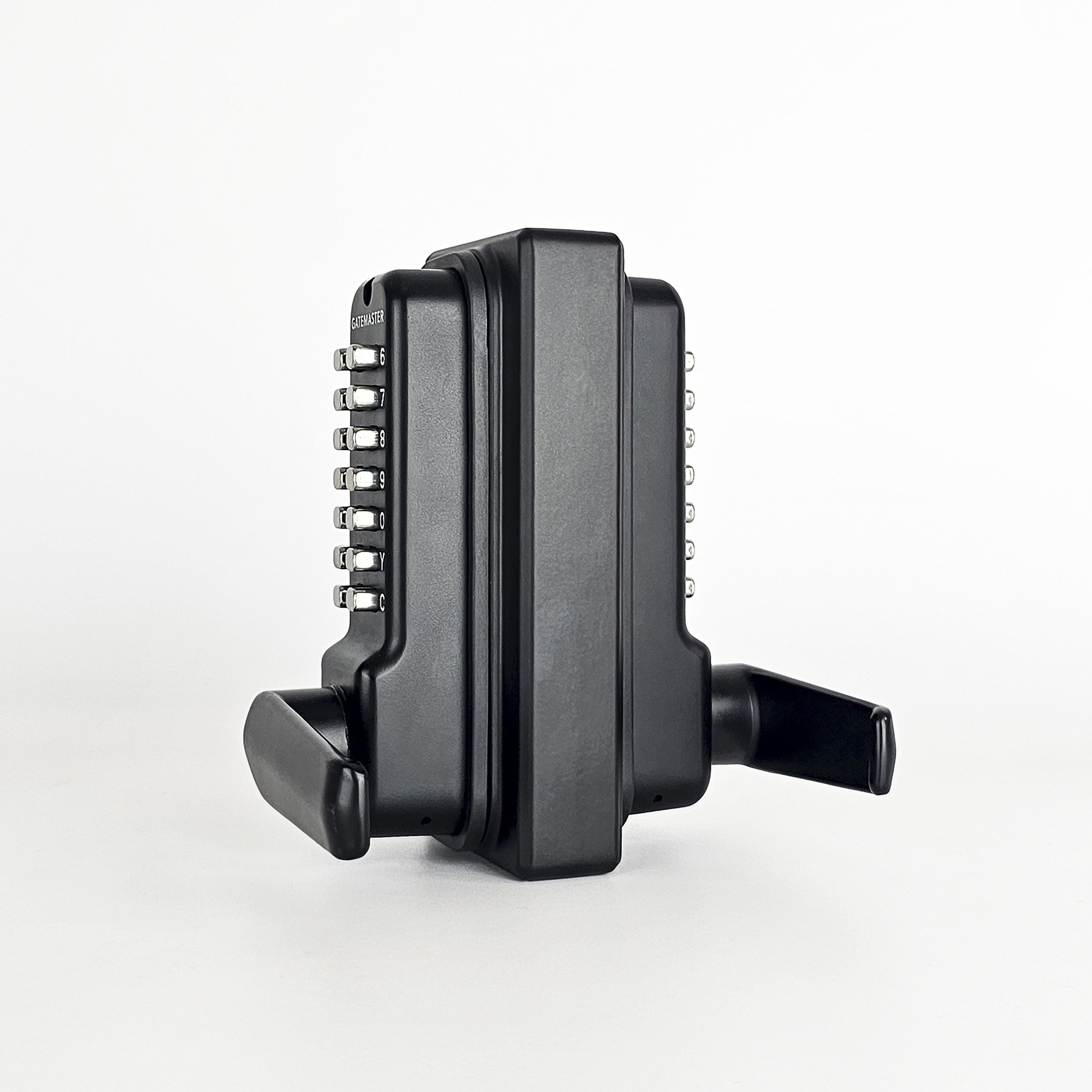 Gatemaster Superlock 2.0 Code Gate Lock RapidReset Double-Sided Keypad, the lock seen edge on, with a handle on each side