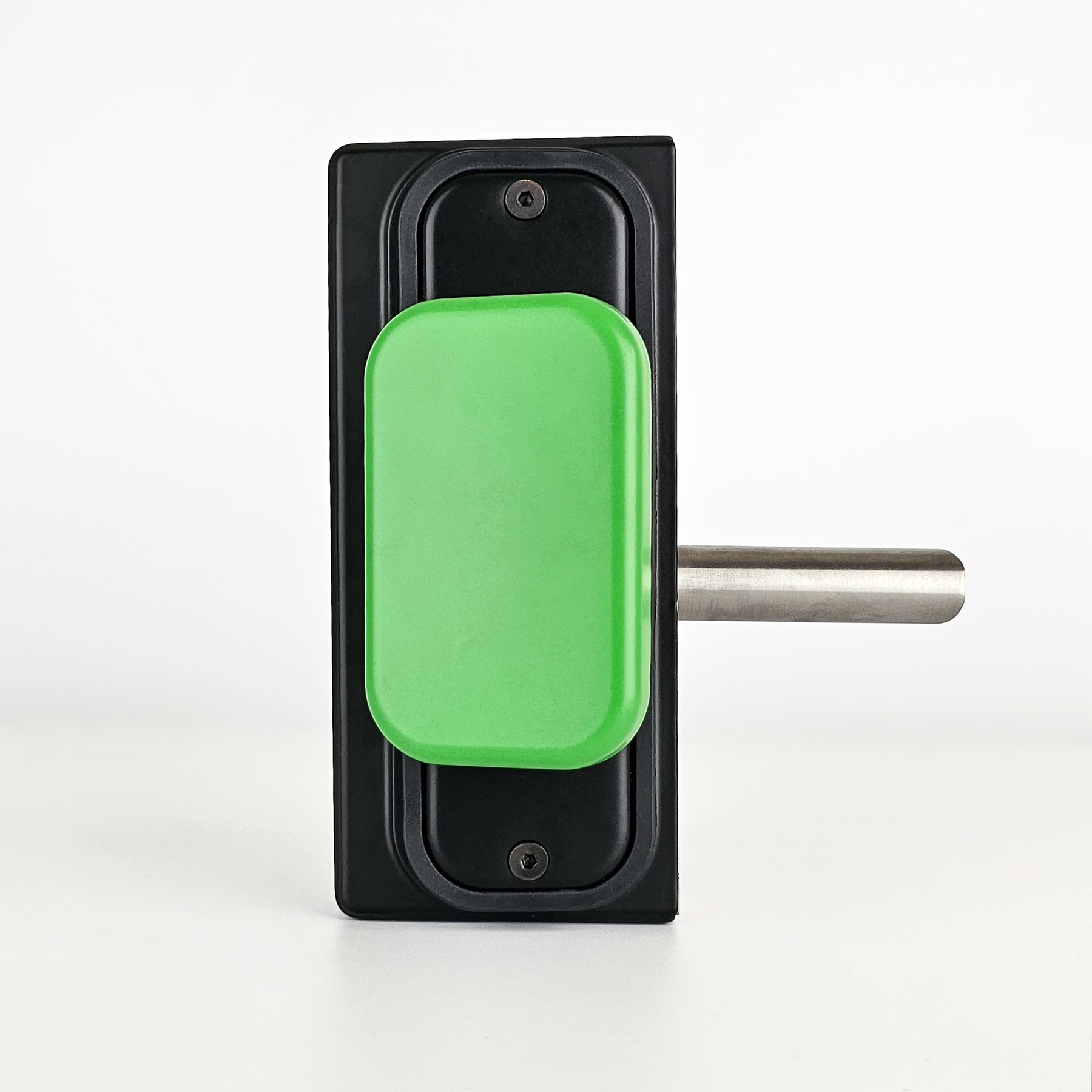 Gatemaster superlock 2.0 Quick Exit No Outside Access Gate Lock, the green push pad seen straight on