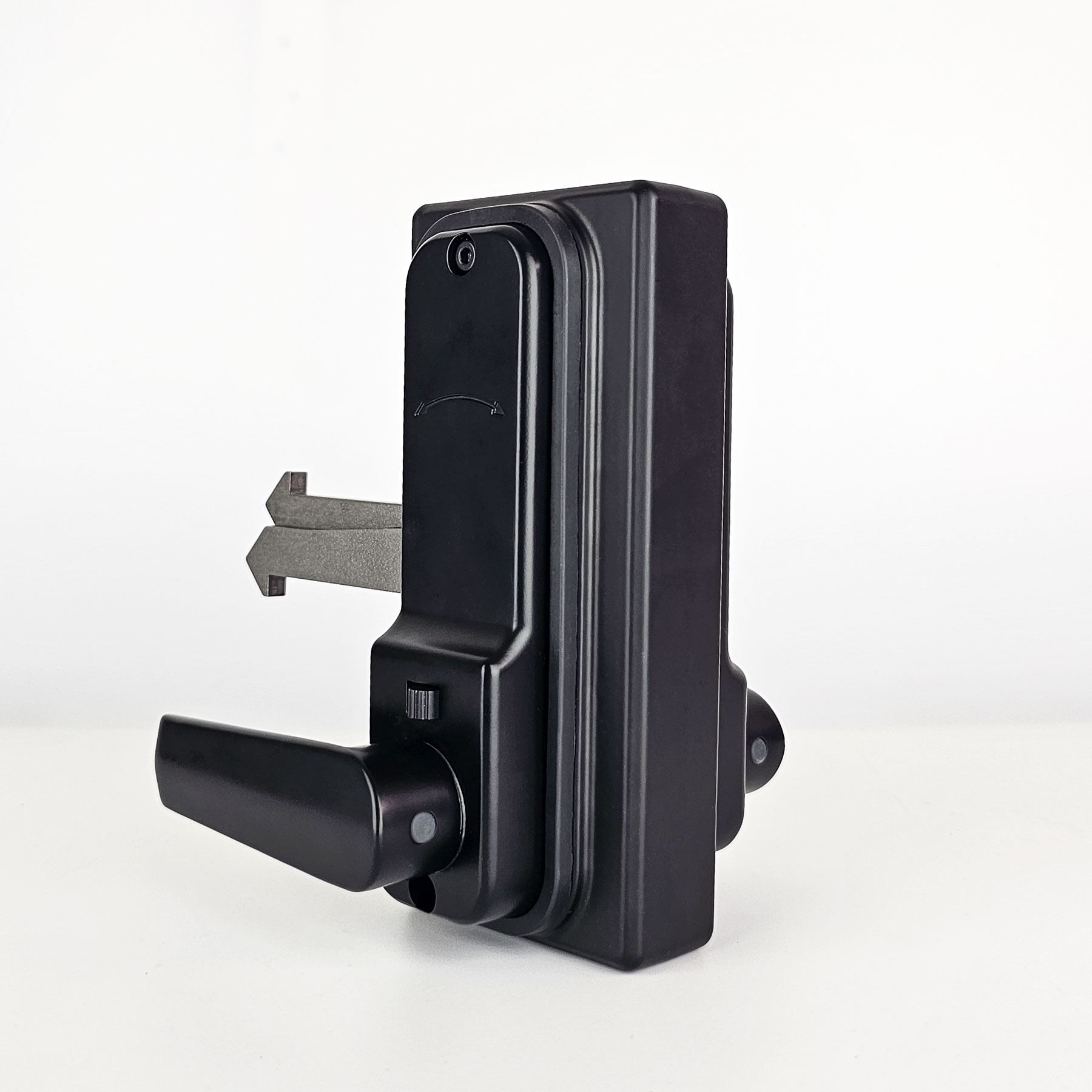 Gatemaster Sliding Gate Lock RapidReset Single-Sided Keypad, the back of the lock with its lever handle