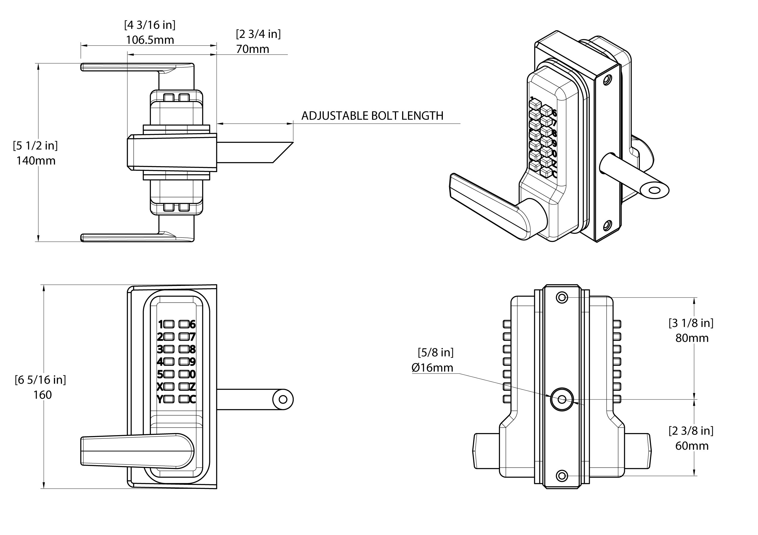 Gatemaster Superlock 2.0 Delta Handle Double Sided Keypad, dimensioned drawing