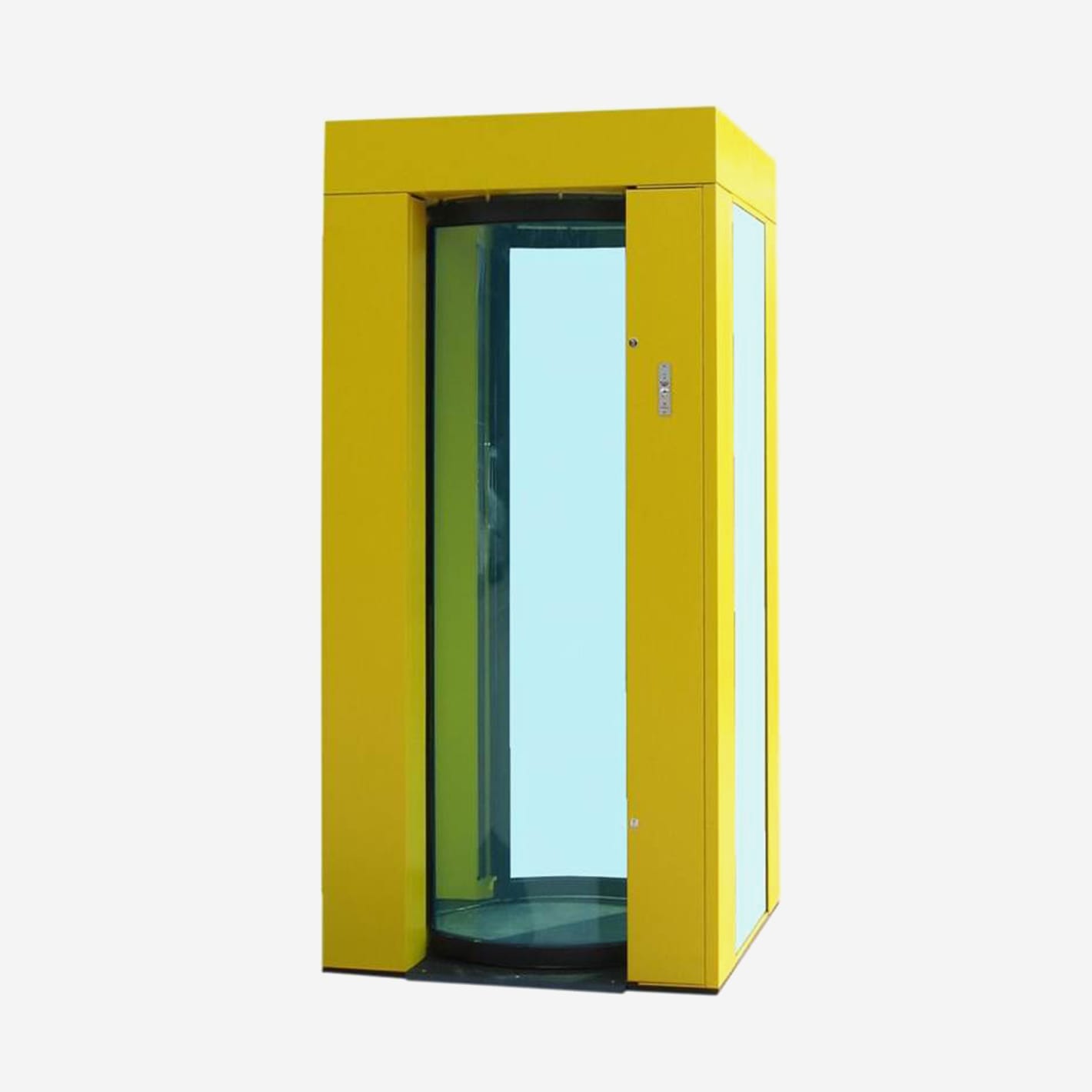 Citadel security portal finished in yellow with tinted curved glass doors.