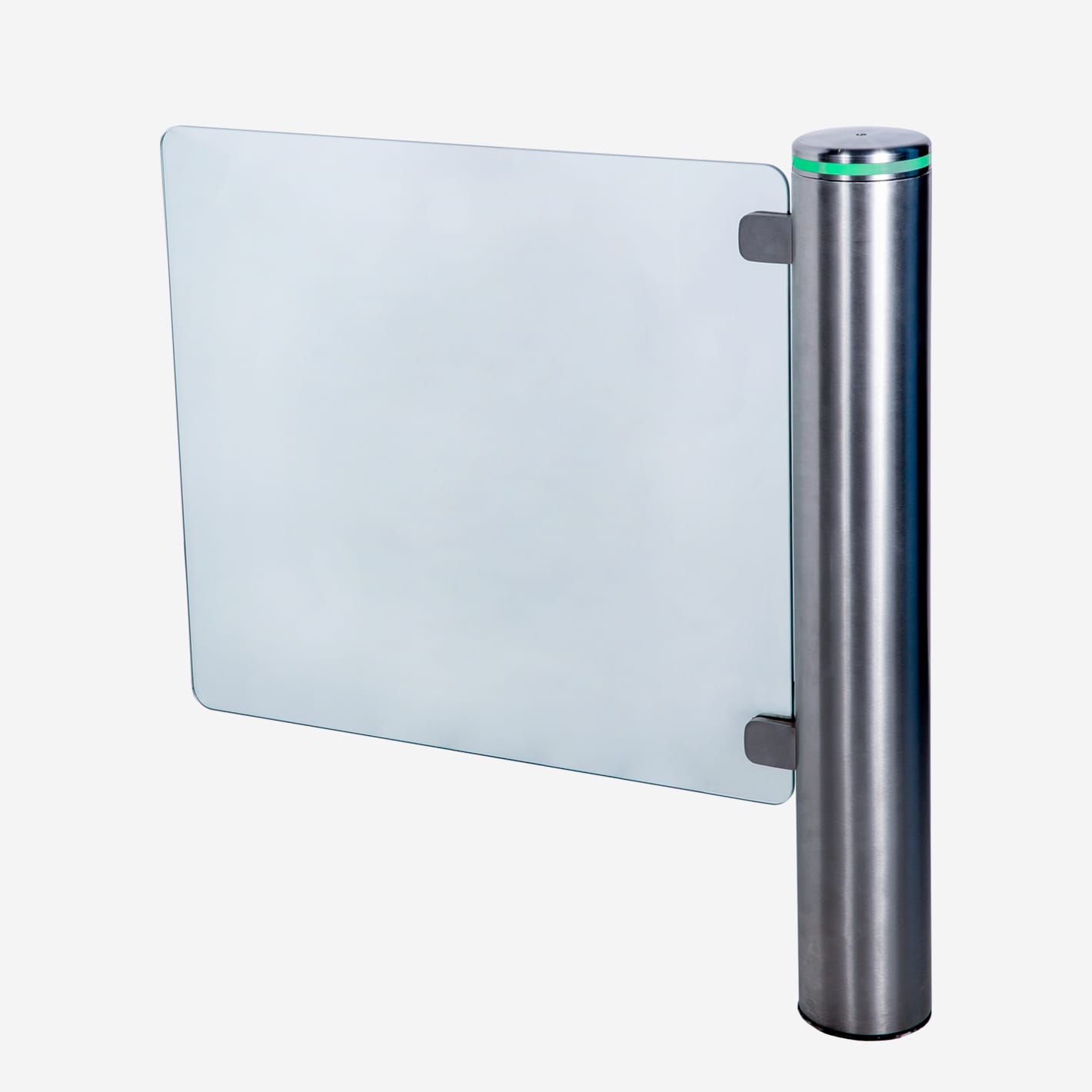 Pulse accessible gate with a clear glass wing and a green light ring on the post.