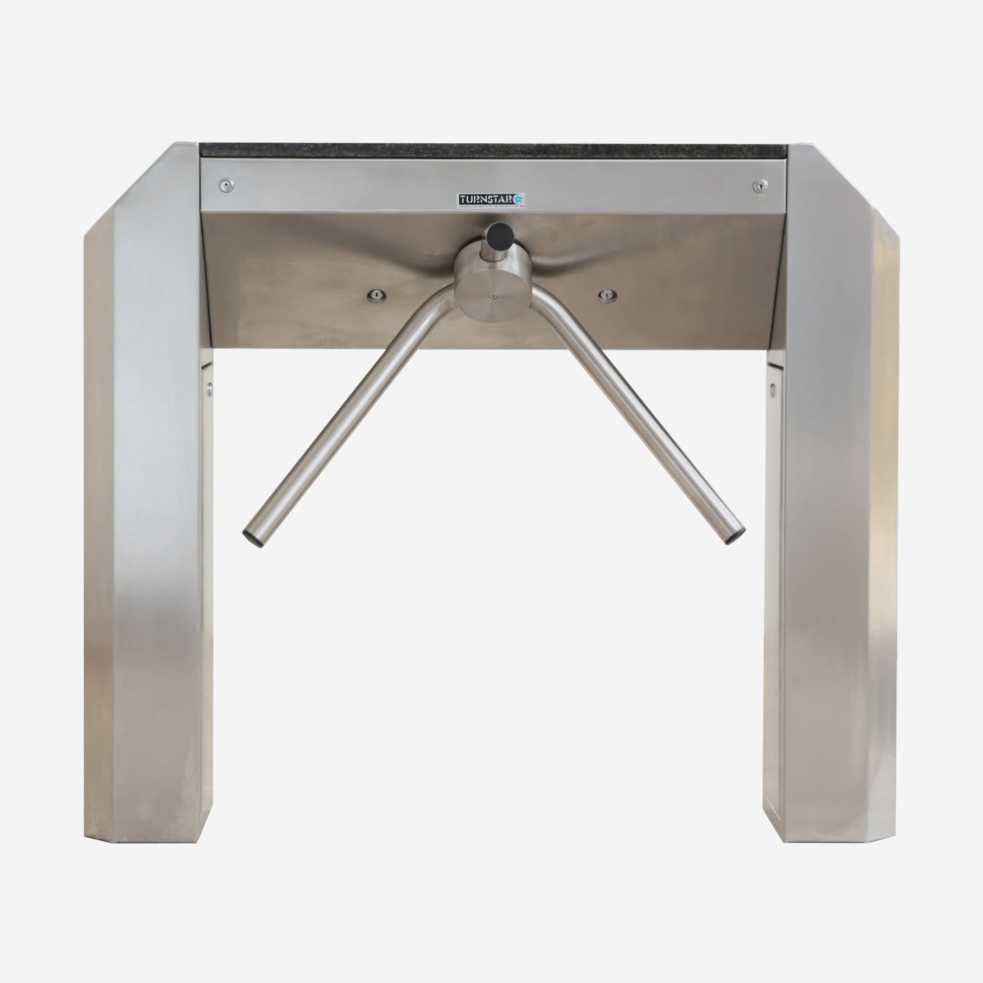Front view of a stainless steel Streamline tripod turnstile showing the walkthrough lane.