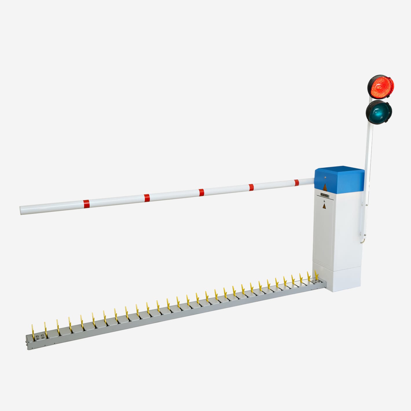 Talon Automatic barrier with a traffic light on a pole and a surface spike rack, on a plain background.