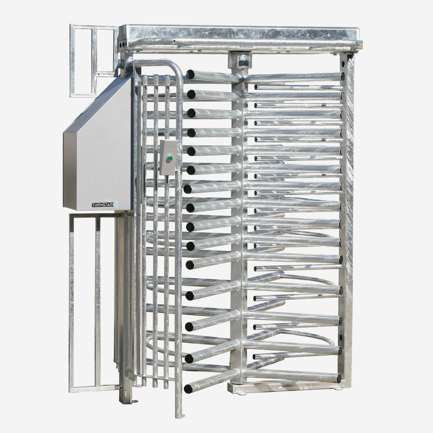 Galvanised Tribune full-height turnstile with its reader housing and overhead barrier.