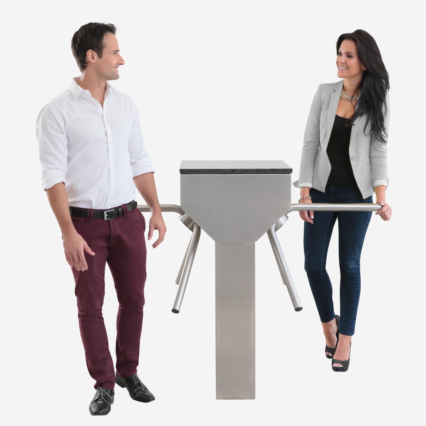 Man and woman passing either side of a double Trident turnstile.