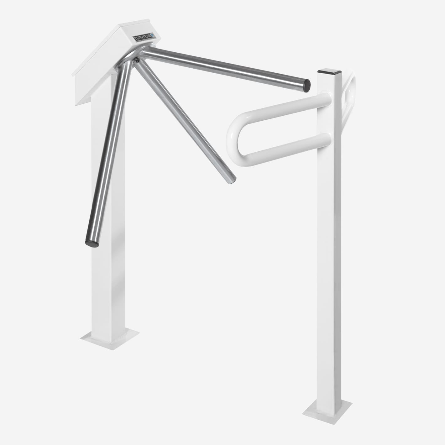 White powder coated tripod supermarket turnstile with stainless steel arms.