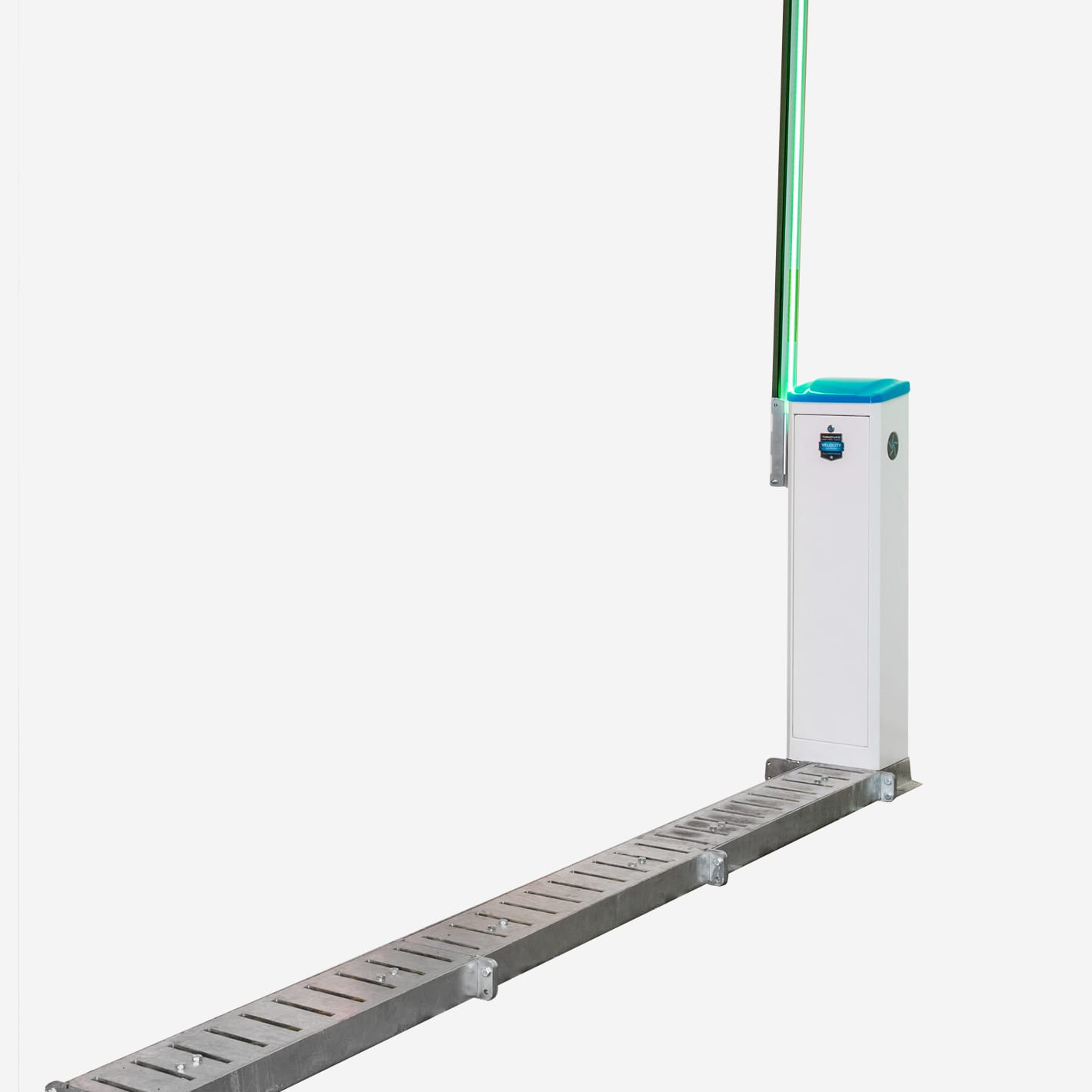 Velocity Raptor with its green-lit boom raised and the spikes lowered into the rack.