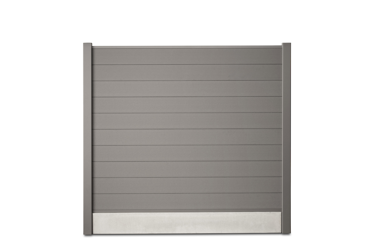 Gardenode Equinox brushed-effect composite fence slat in quartz grey (RAL 7039), full fence panel, front view, with concrete base plate.