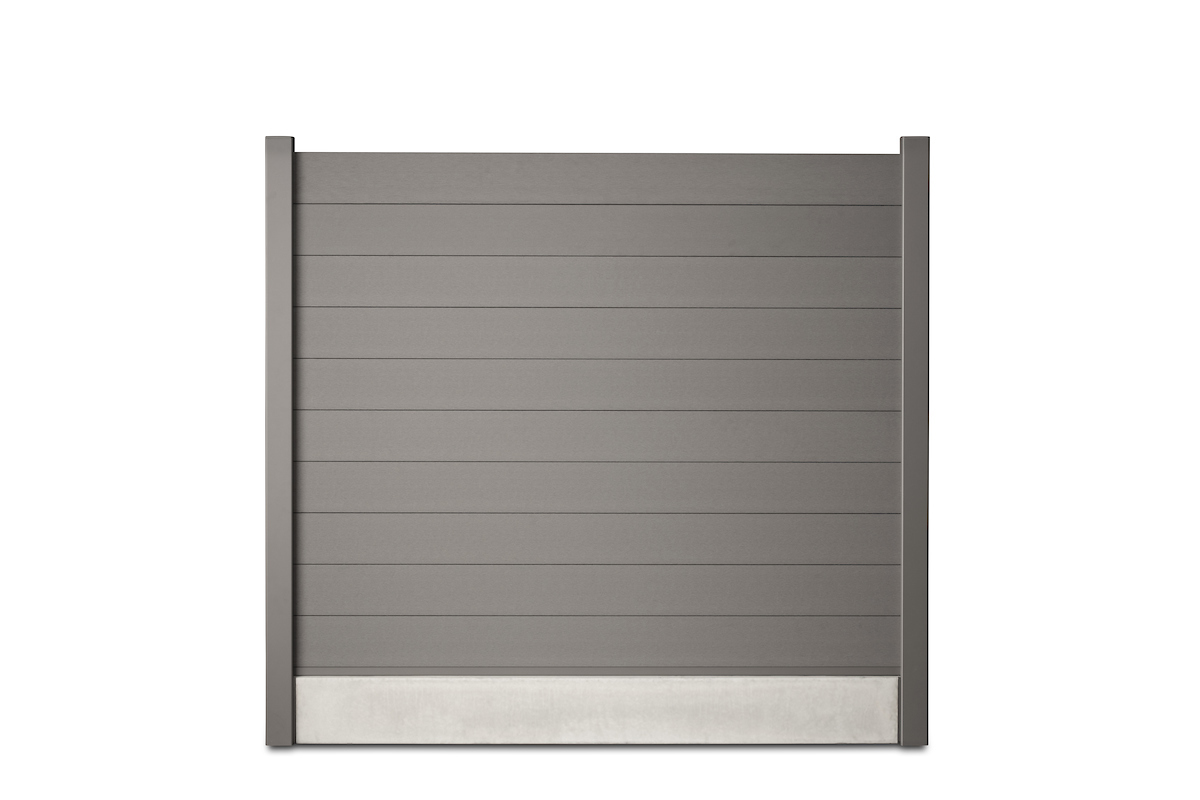 Gardenode Equinox brushed-effect composite fence slat in quartz grey (RAL 7039), full fence panel, front view, with concrete base plate, with finishing slat.