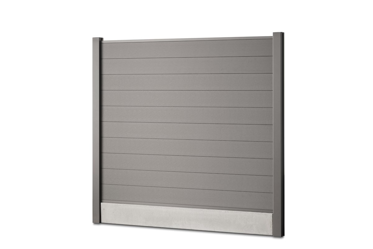 Gardenode Equinox brushed-effect composite fence slat in quartz grey (RAL 7039), full fence panel, three-quarter view, with concrete base plate.