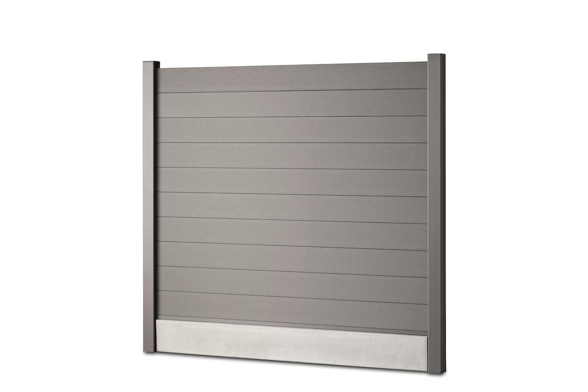 Gardenode Equinox brushed-effect composite fence slat in quartz grey (RAL 7039), full fence panel, three-quarter view, with concrete base plate, with finishing slat.