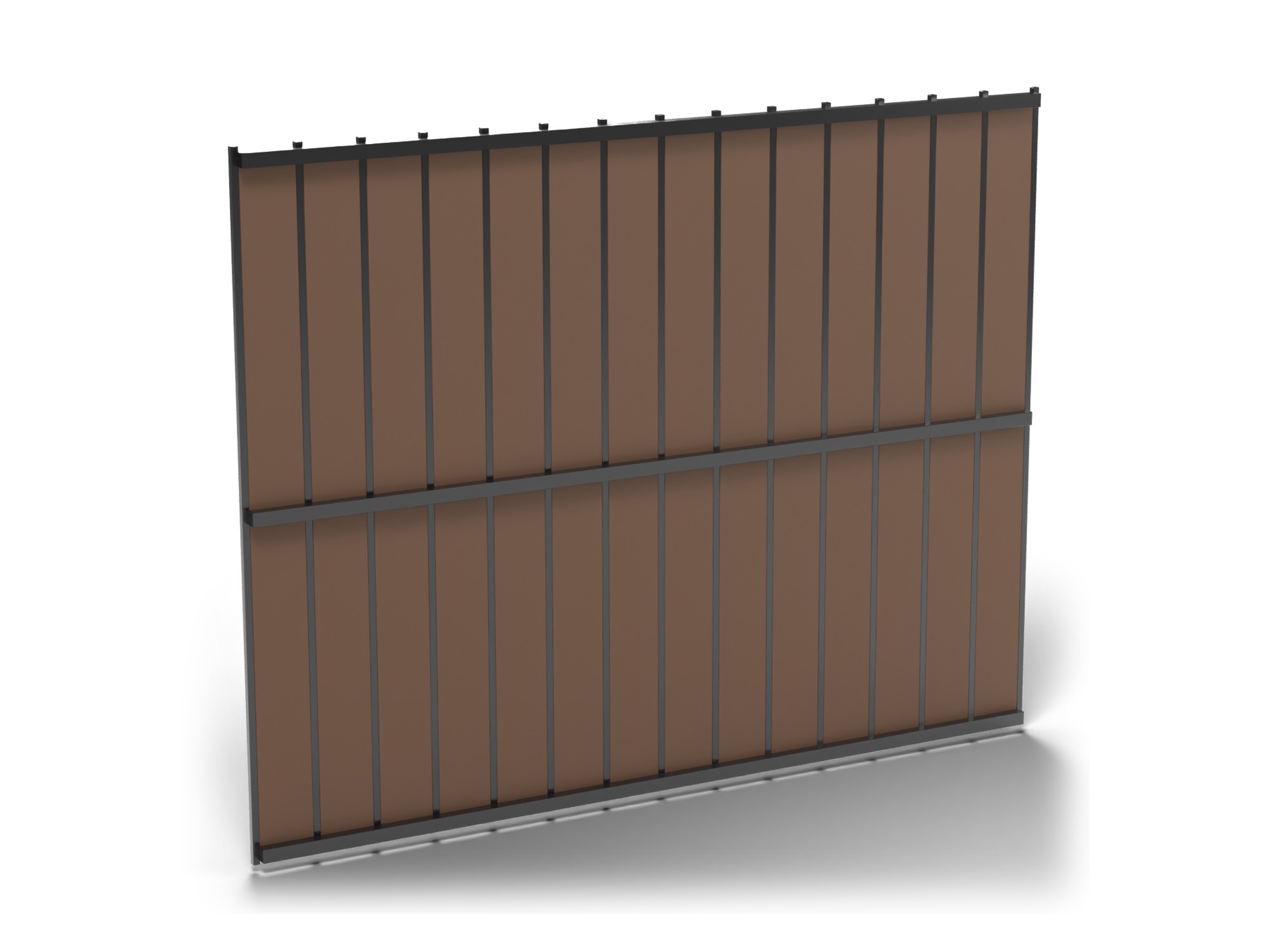 Black Fortress Estate privacy fence panel filled with brown composite pickets