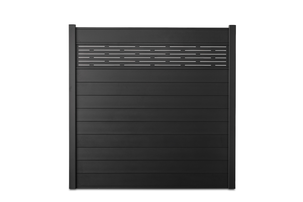 Gardenode Equinox decorative aluminium slat Azur in black (RAL 9005), full fence panel, front view, with aluminium fence slat in black.