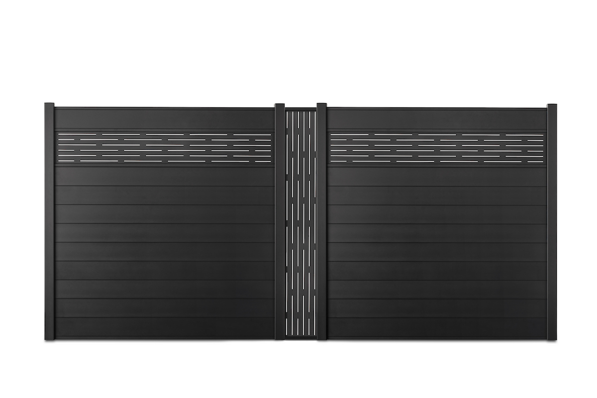 Gardenode Equinox decorative aluminium slat Azur in black (RAL 9005), full fence panel, front view, mounted vertically, with aluminium fence slat in black.