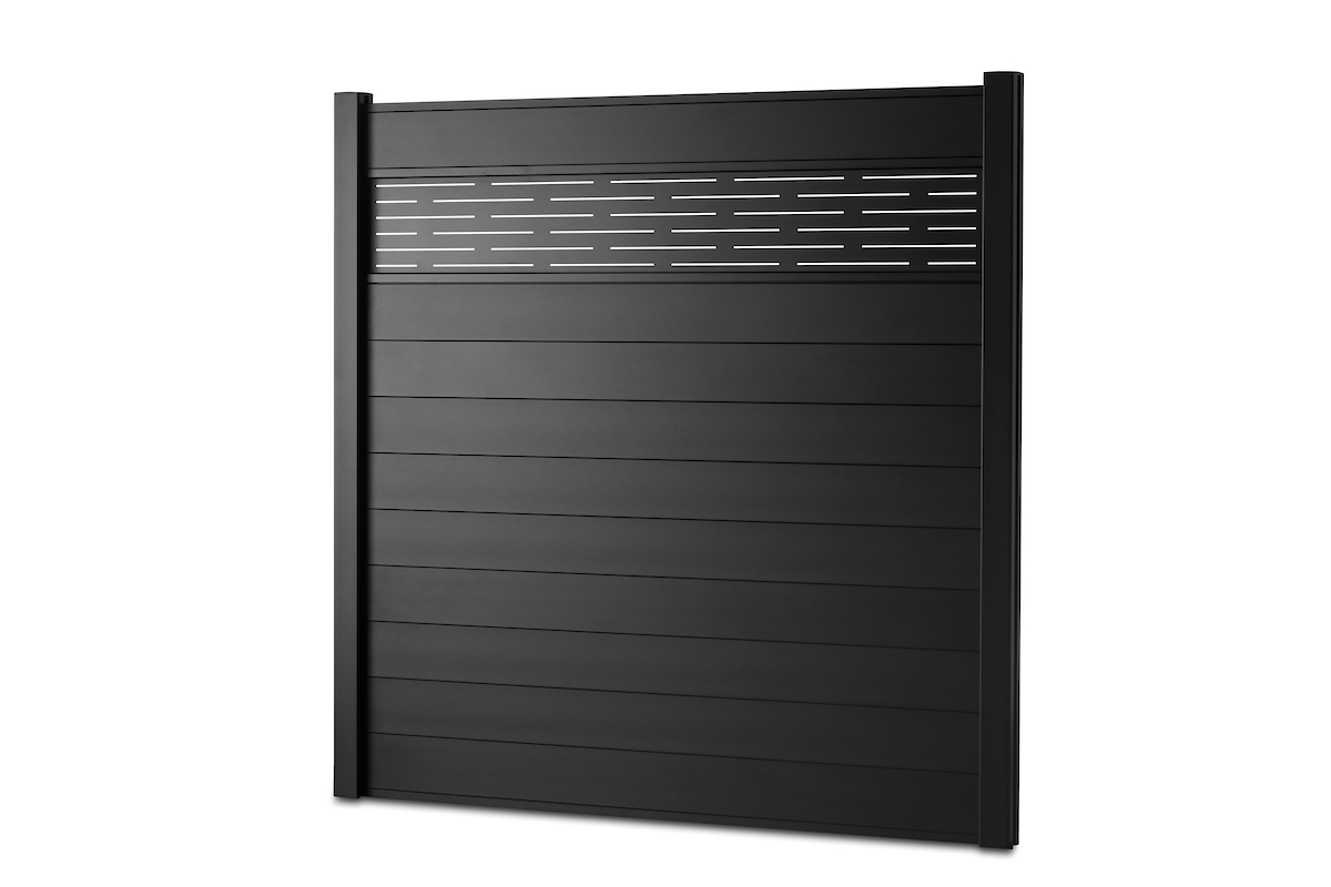 Gardenode Equinox decorative aluminium slat Azur in black (RAL 9005), full fence panel, three-quarter view, with aluminium fence slat in black.