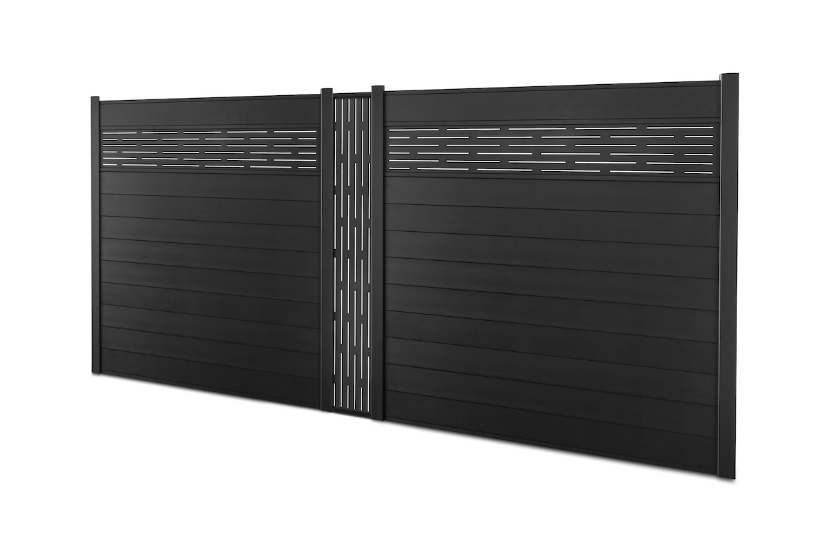 Gardenode Equinox decorative aluminium slat Azur in black (RAL 9005), full fence panel, three-quarter view, mounted vertically, with aluminium fence slat in black.