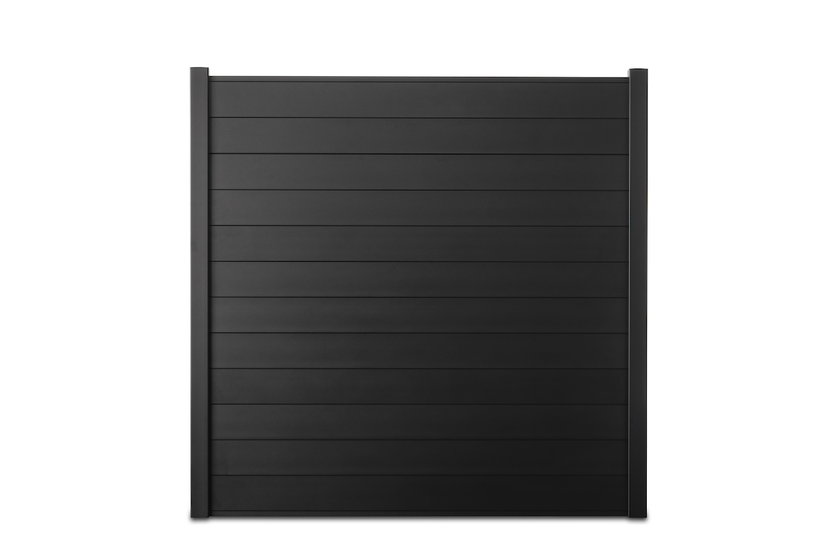 Gardenode Equinox aluminium fence slat in black (RAL 9005), full fence panel, front view.