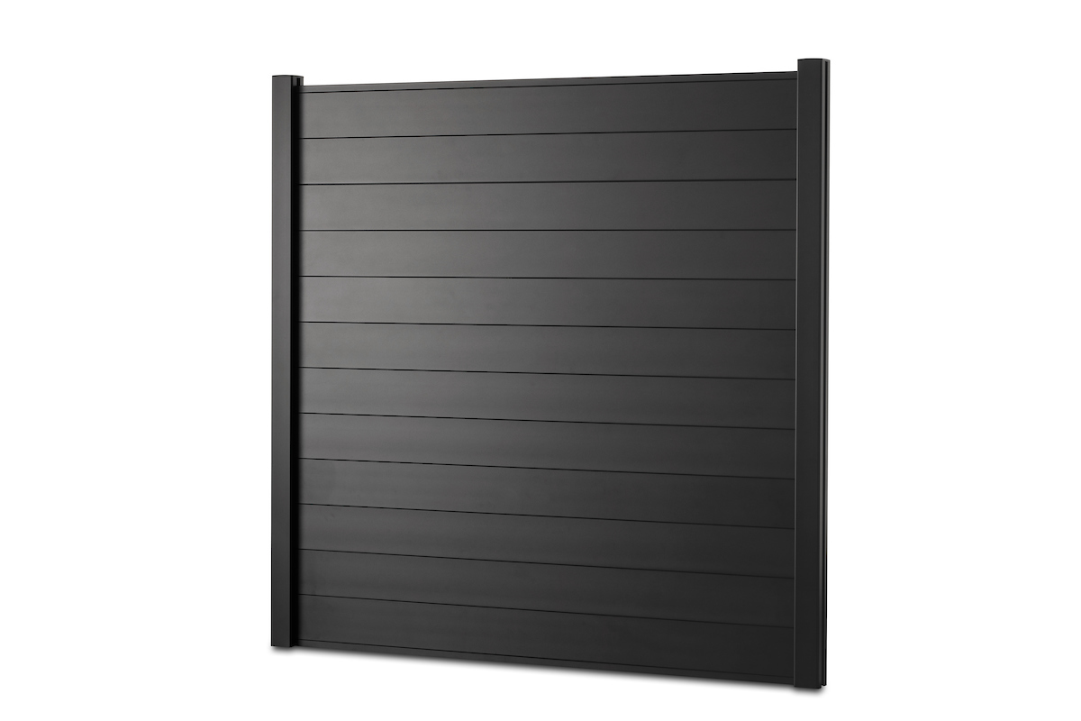 Gardenode Equinox aluminium fence slat in black (RAL 9005), full fence panel, three-quarter view.
