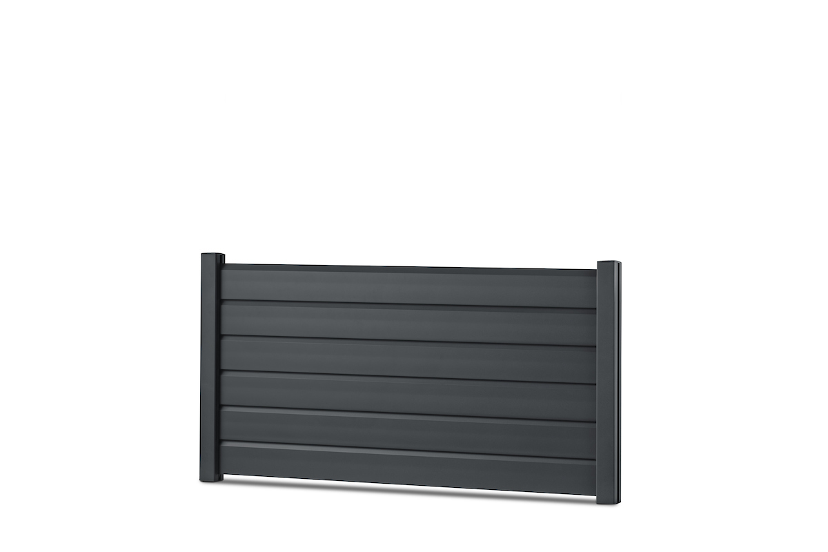 Gardenode Equinox bevelled louvre aluminium fence slat in anthracite grey (RAL 7016), half-height fence panel, three-quarter view.