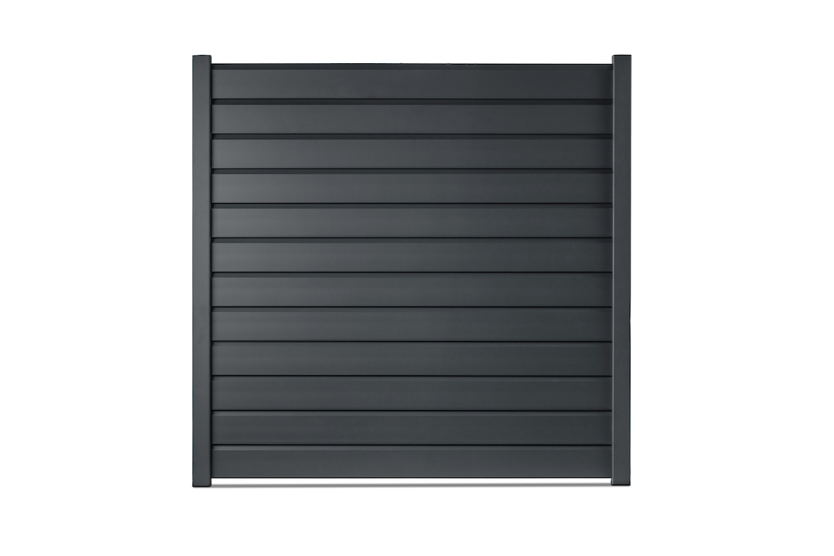 Gardenode Equinox bevelled louvre aluminium fence slat in anthracite grey (RAL 7016), full fence panel, front view.