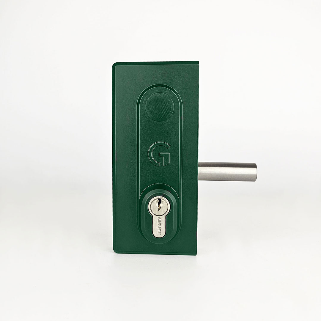 Gatemaster Superlock 2.0 Deadlock Gate Lock Double-Sided Key Access, front facing green gate lock