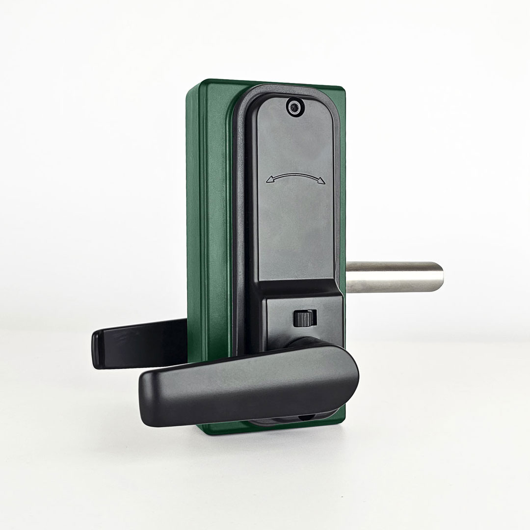 Gatemaster Superlock 2.0 Code Gate Lock RapidReset Single-Sided Keypad, the green lock body seen from the side without a keypad
