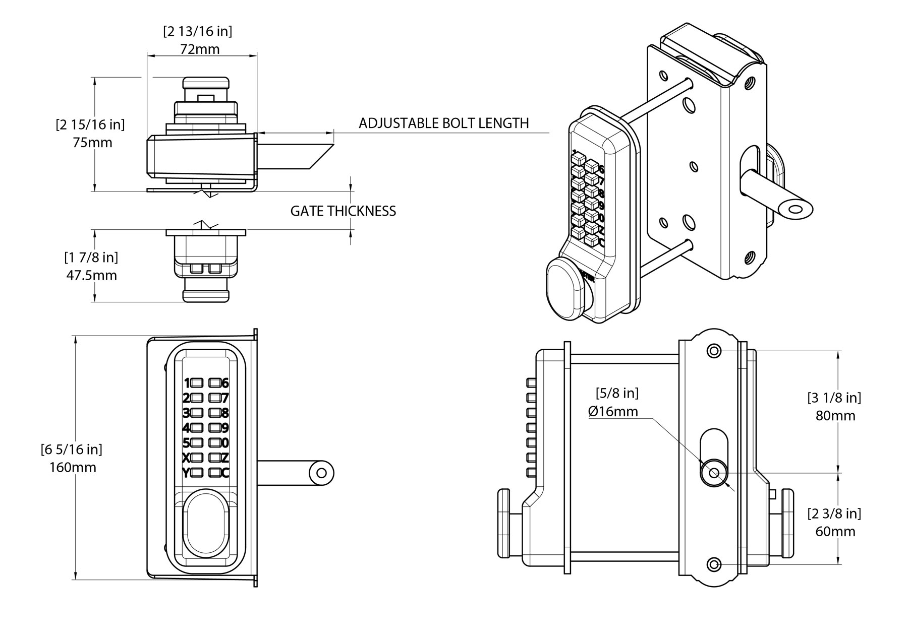 Gatemaster Superlock 2.0 Code Gate Lock Surface Mounted Single-Sided Keypad, dimensioned drawing