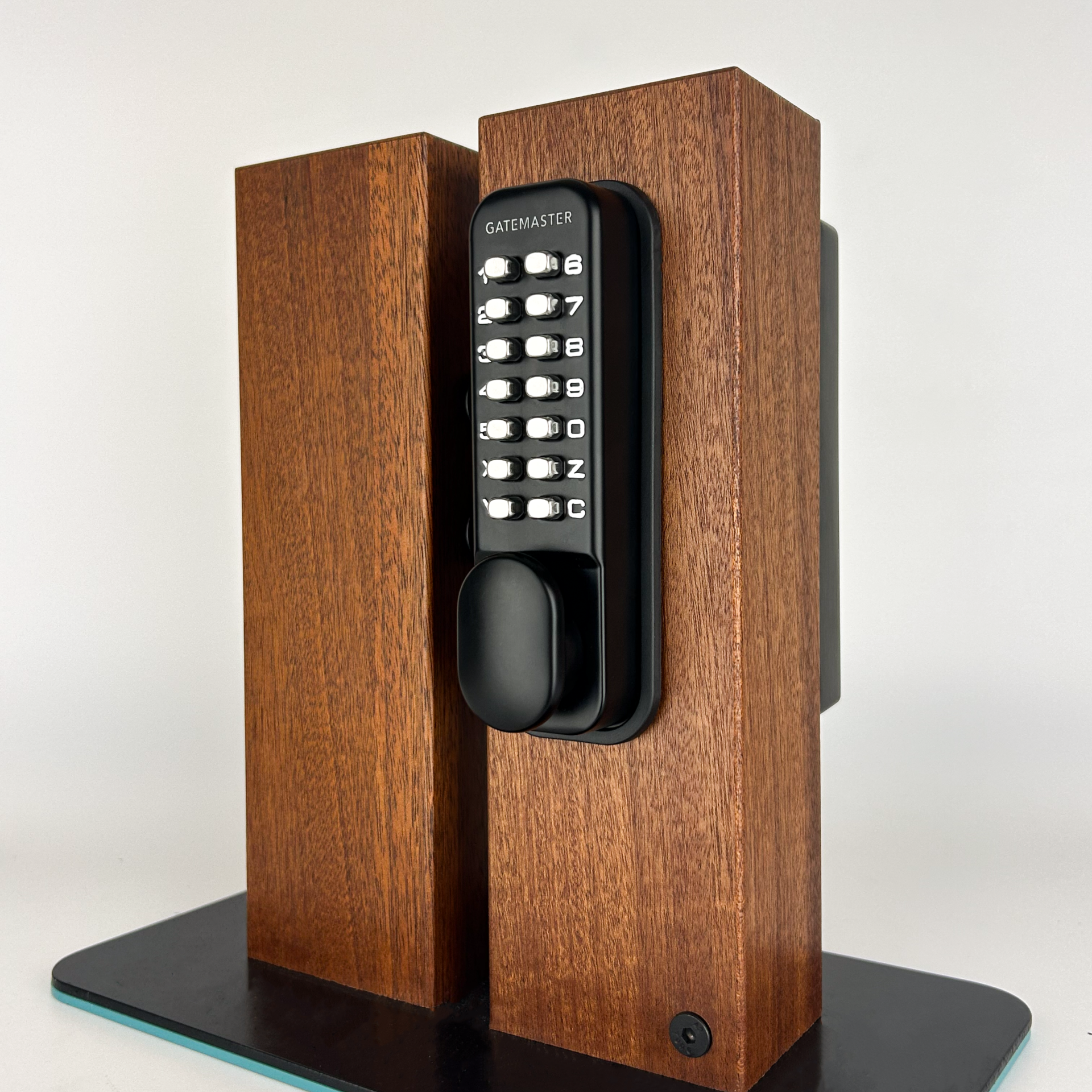 Gatemaster Superlock 2.0 Code Gate Lock Surface Mounted Double-Sided Keypad, mounted on a wooden gate, seen from the front