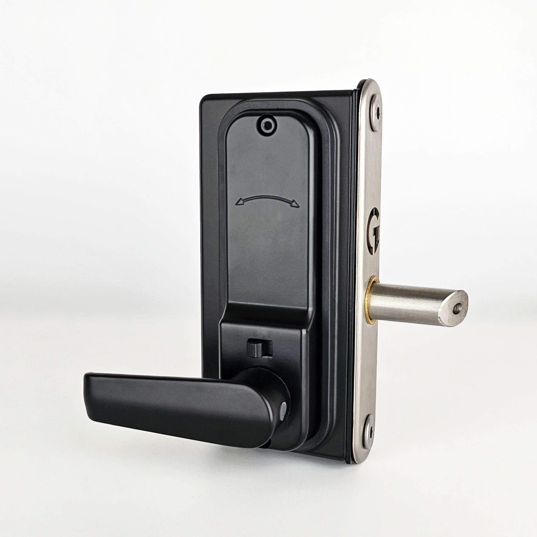 Gatemaster Superlock 2.0 RapidReset Gate Lock Surface Mounted Single-Sided, the back of the lock, a blank cover and its lever handle