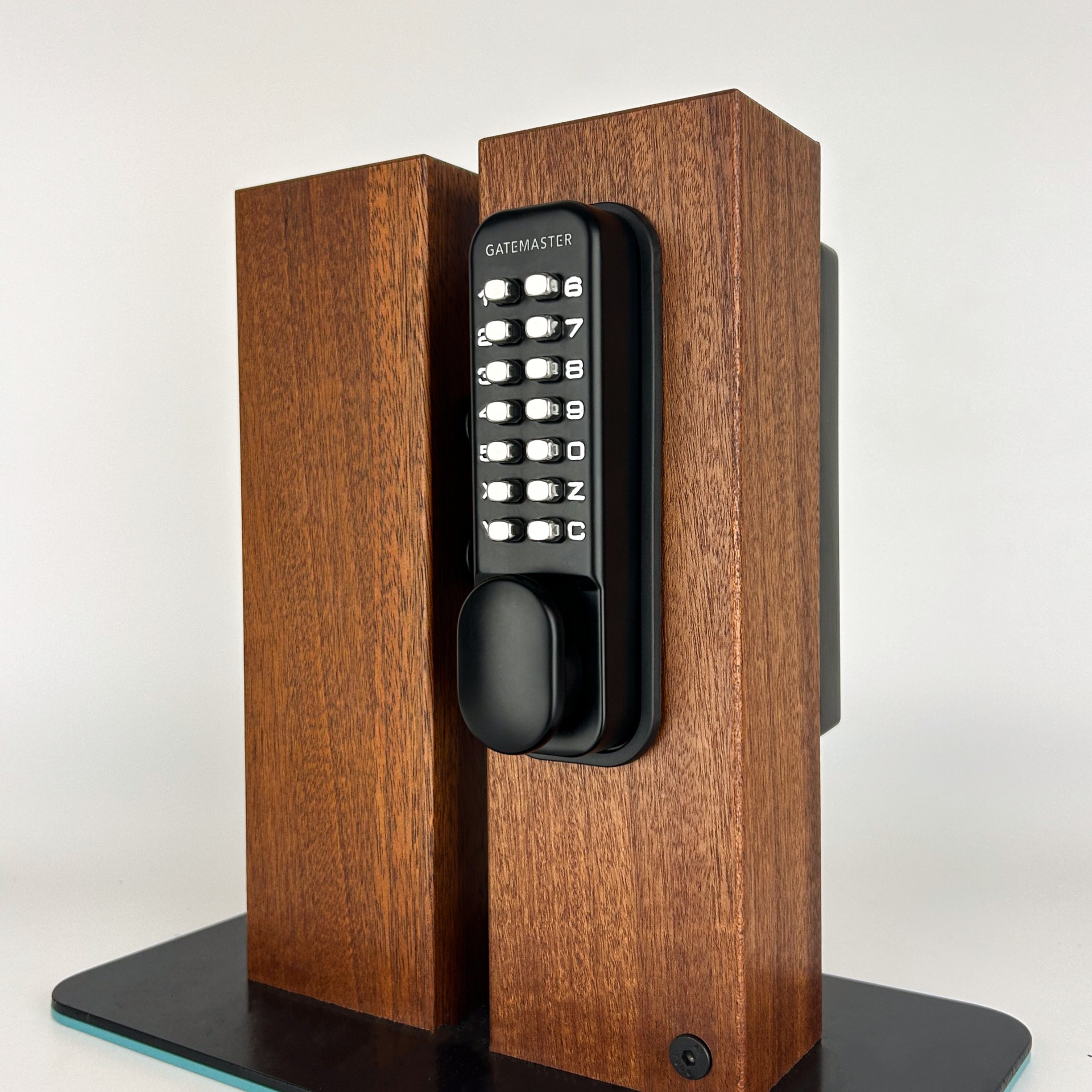 Gatemaster Superlock 2.0 Code Gate Lock Surface Mounted Single-Sided Keypad, mounted on a wooden gate, seen from the front