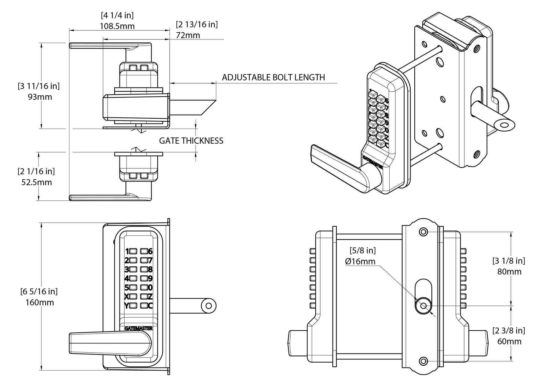 Gatemaster Superlock 2.0 RapidReset Gate Lock Surface Mounted Double-Sided, dimensioned drawing