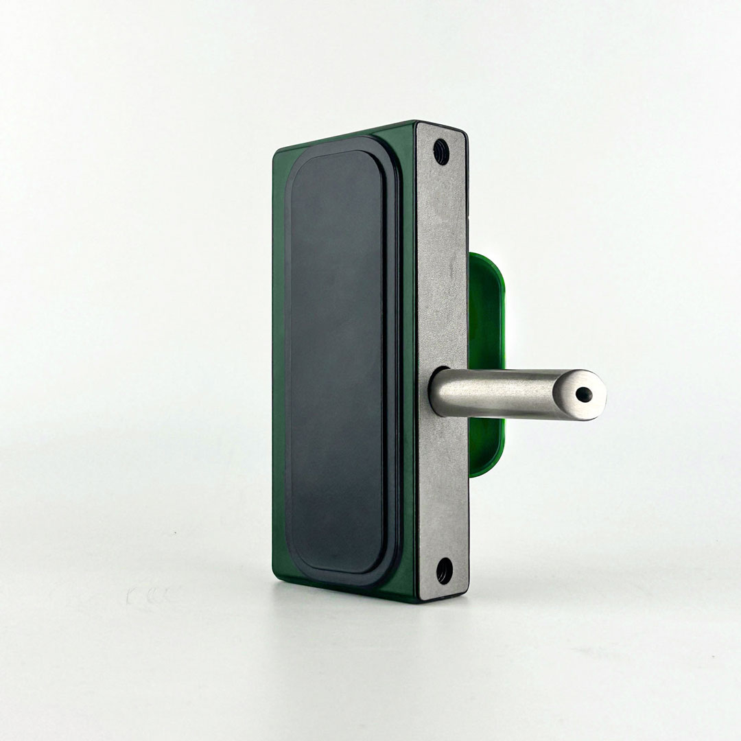 Gatemaster superlock 2.0 Quick Exit No Outside Access Gate Lock, the green lock body seen from the blank outside face