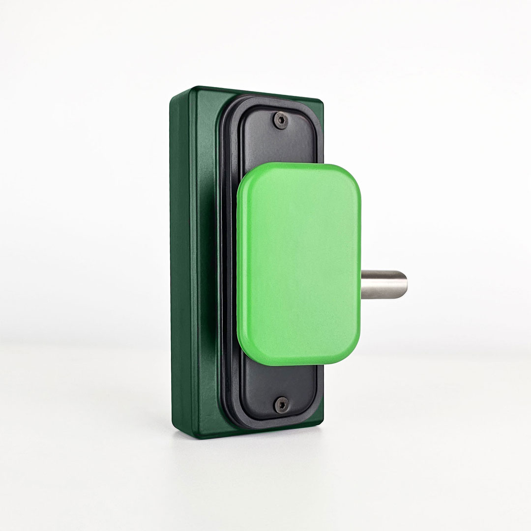 Gatemaster superlock 2.0 Quick Exit No Outside Access Gate Lock, the green lock body with its push pad and bolt
