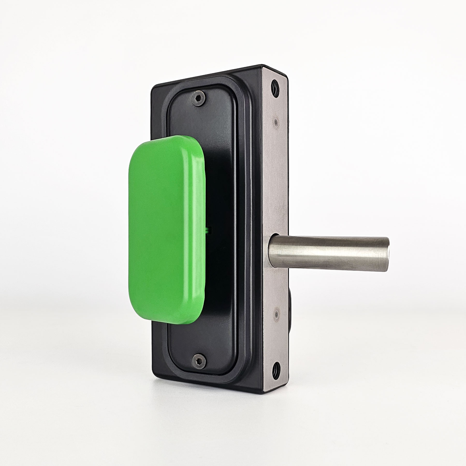 Gatemaster Superlock Code Gate Lock Quick Exit, the back of the lock with its green push pad and bolt