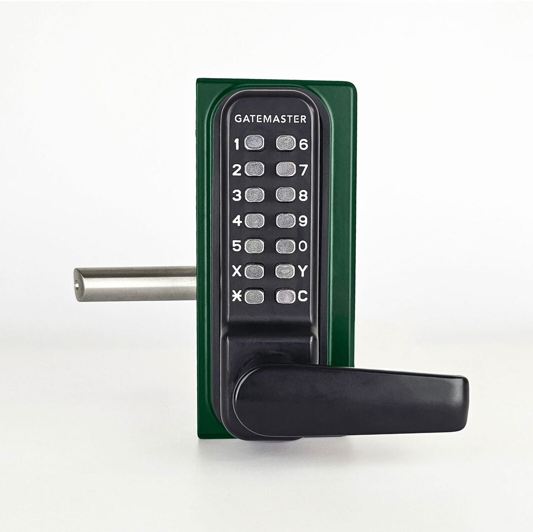 Gatemaster Superlock 2.0 Code Gate Lock RapidReset Keypad Entry Quick-Exit, front facing green lock
