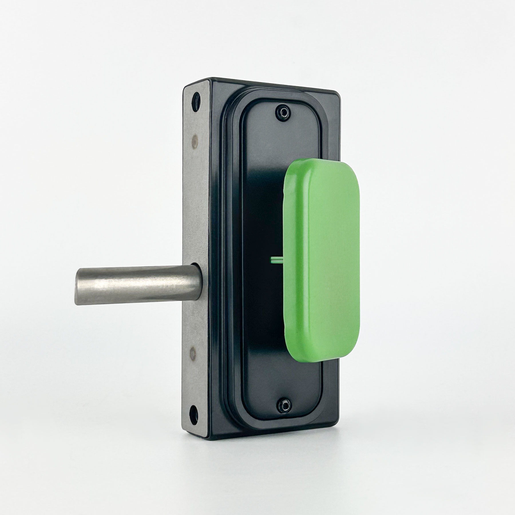 Gatemaster superlock 2.0 Quick Exit No Outside Access Gate Lock, the black lock case with its green push pad and bolt