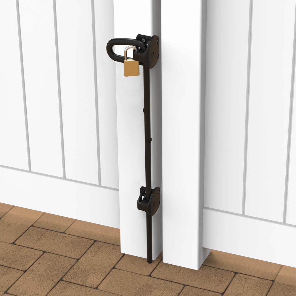 Black Q-Bolt drop bolt fitted to a white vinyl gate