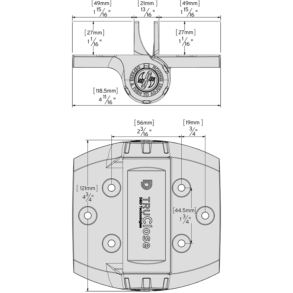 Technical drawing of the TruClose HEAVY DUTY hinge with legs