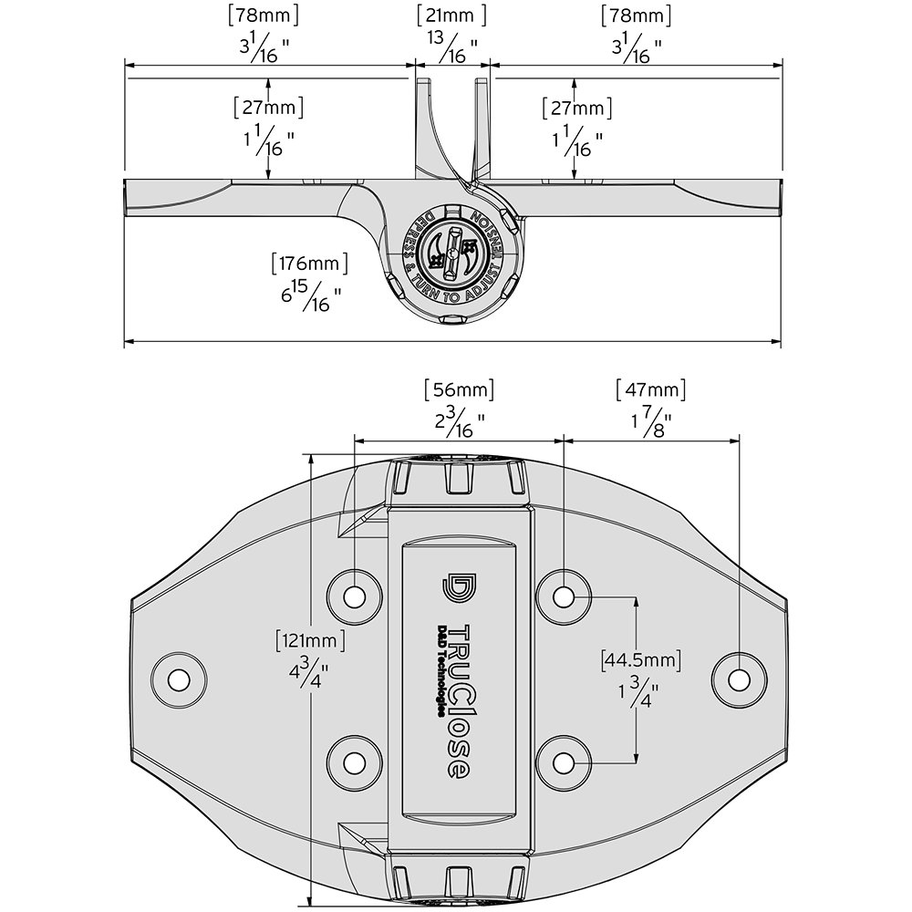 Technical drawing of the TruClose HEAVY DUTY hinge with legs