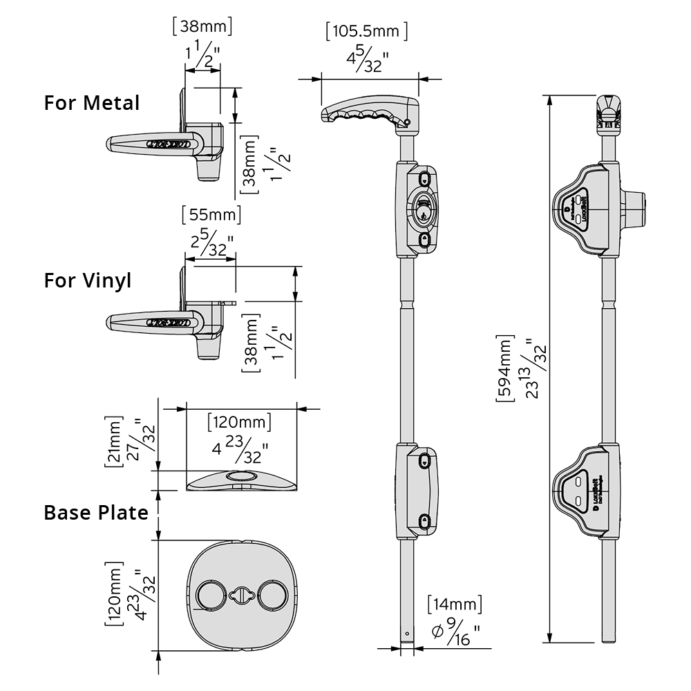 Dimension drawing of the 610 mm LokkBolt for metal gates, LB124BX