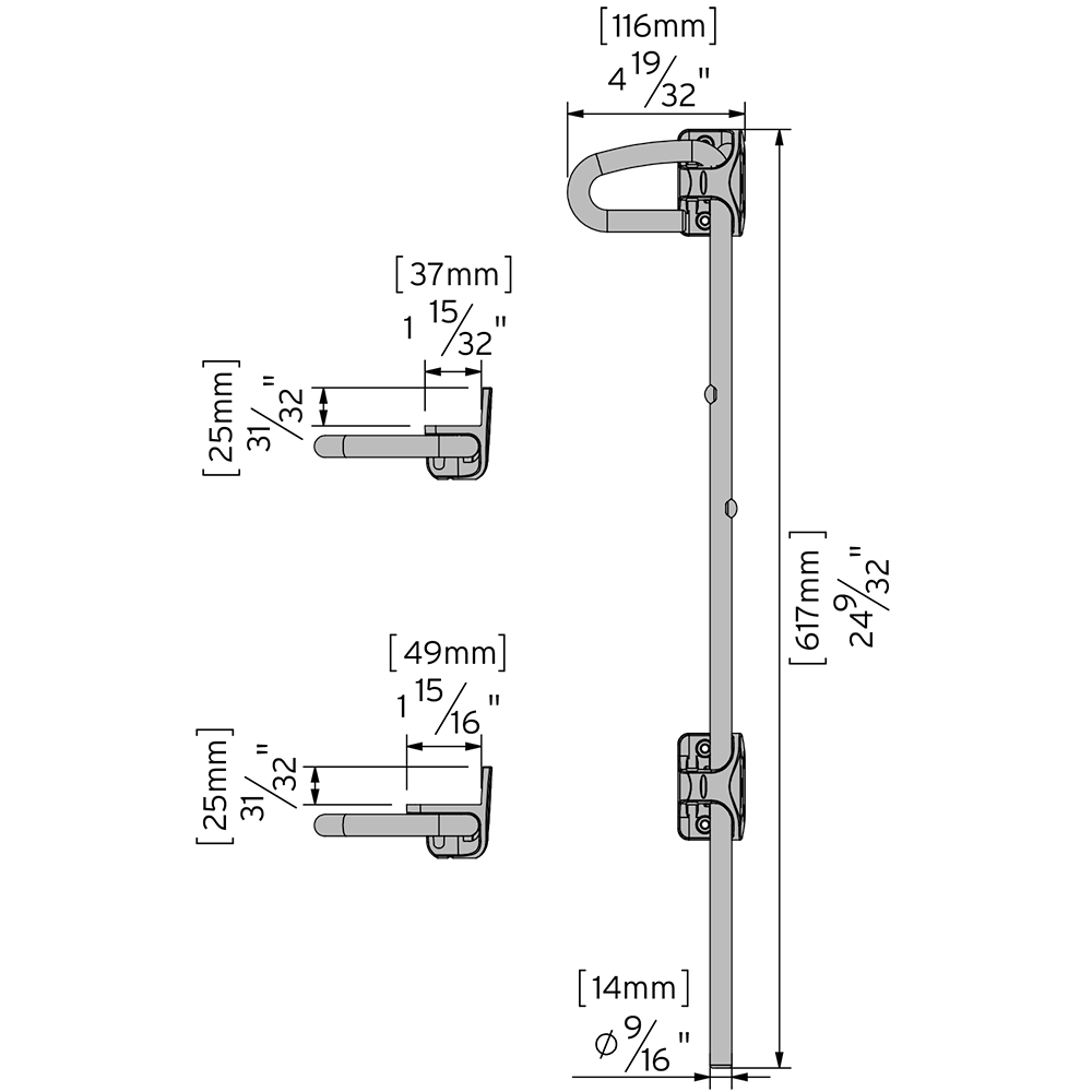 Dimension drawing of the 610 mm Q-Bolt for metal gates