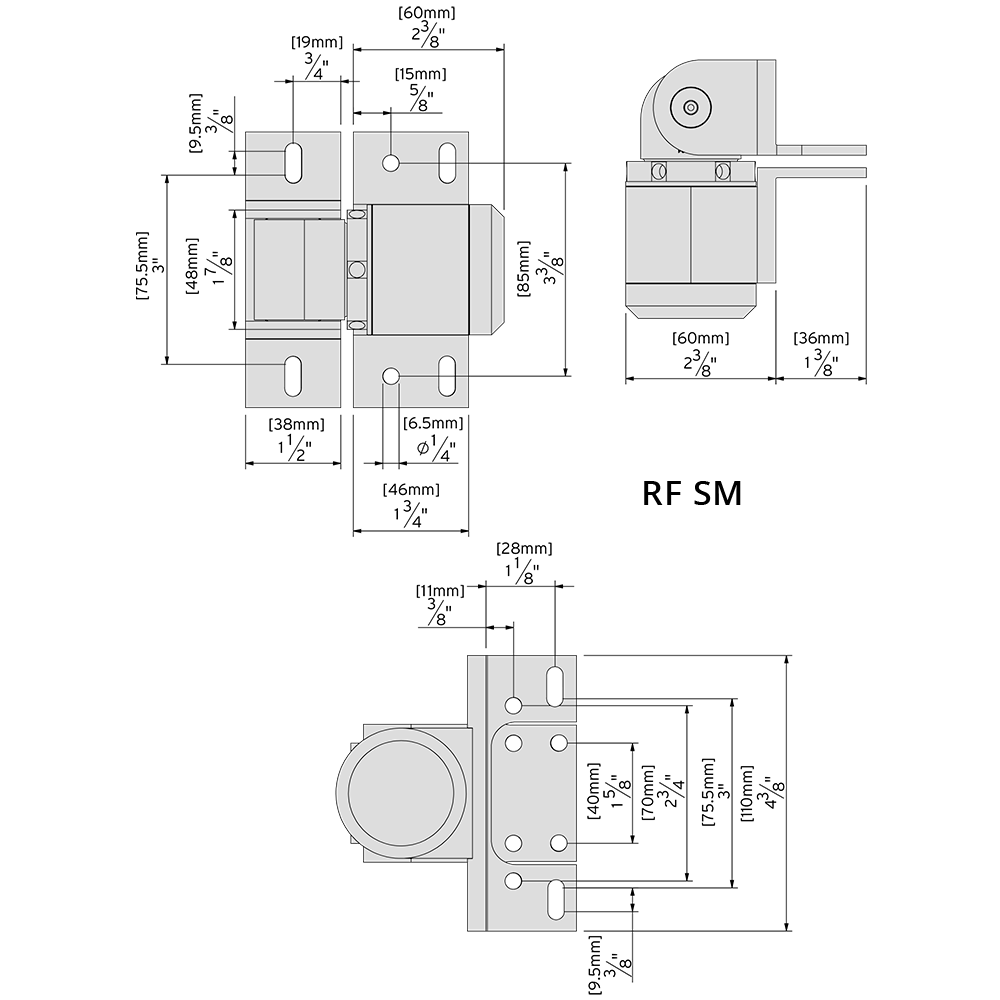 Technical drawing of the SureClose READYFIT plain hinge