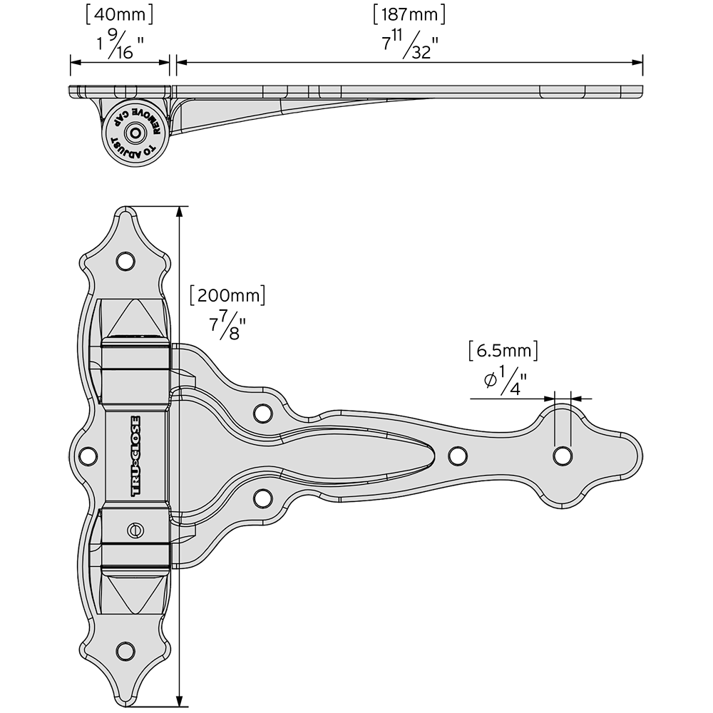 Technical drawing of the TruClose DECOmould T-hinge