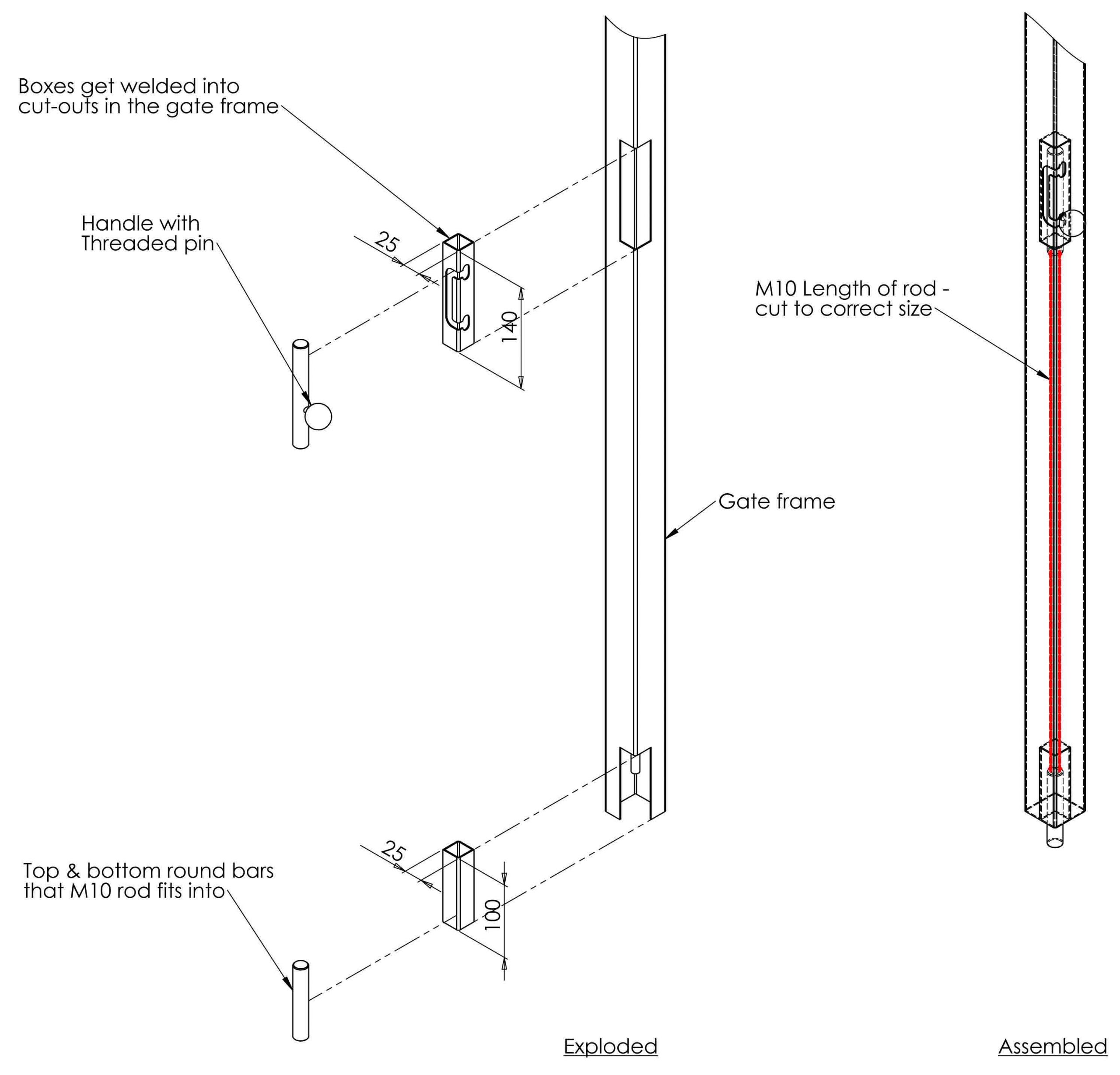 Gatemaster Concealed Drop Bolt, drawing