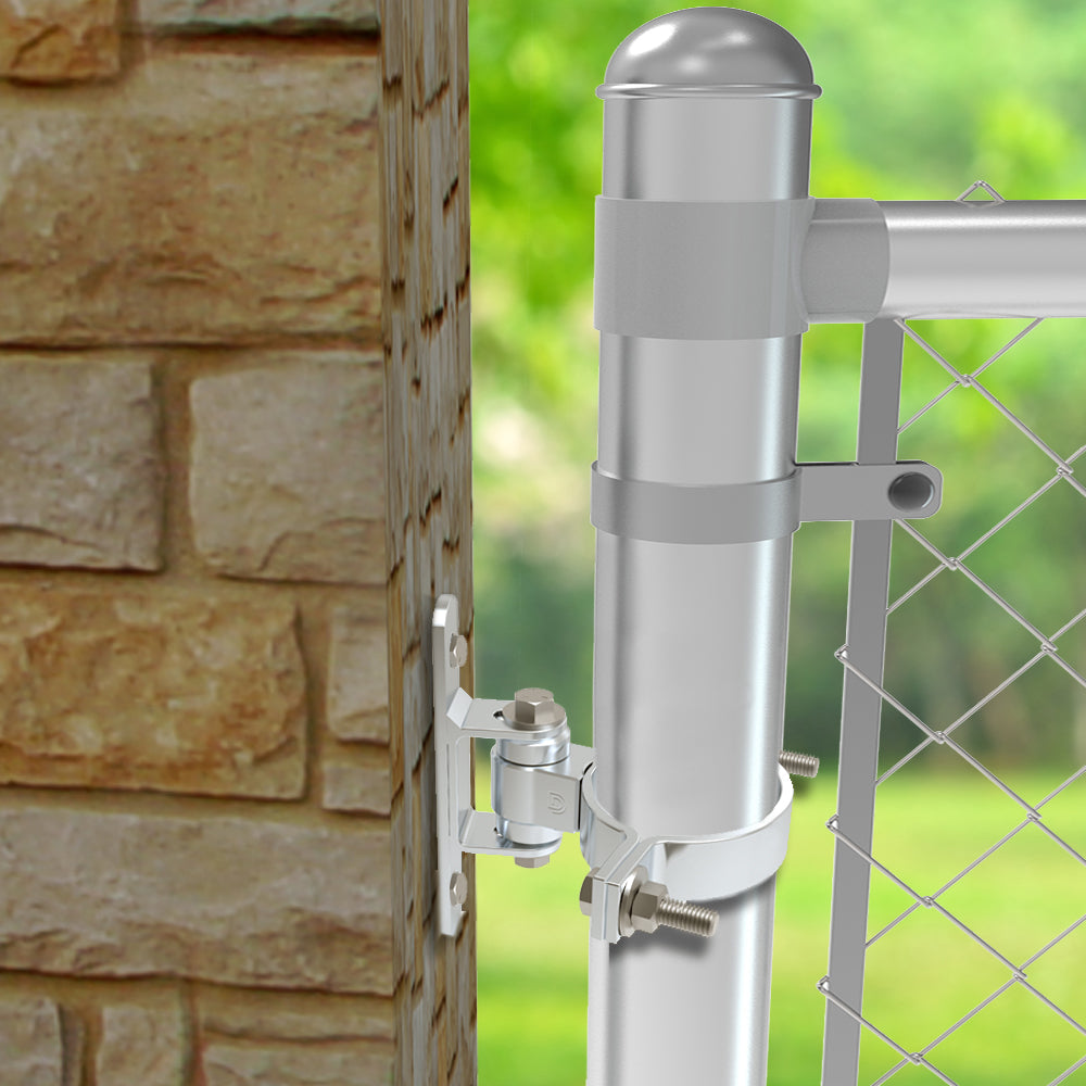 Shut It Round Bolt-On BadAss hinge fitted to a chain link gate