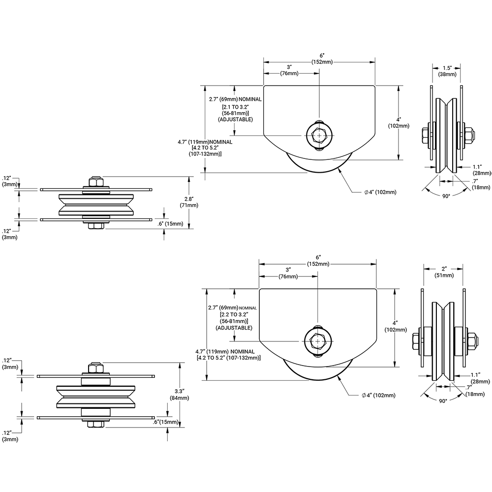 Dimension drawing of the Shut It 102 mm wheel with carriage, 38 mm frame